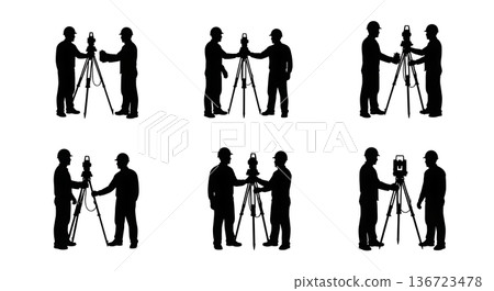 Black Solid Surveyor Pass Gear Silhouettes Set of Six on White Background 136723478