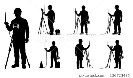 Black Solid Surveyor Pipe Transmitter Silhouettes Set of Six on White Background Black Solid Surveyor Pipe Transmitter Silhouettes Set of Six on White Background 136723485