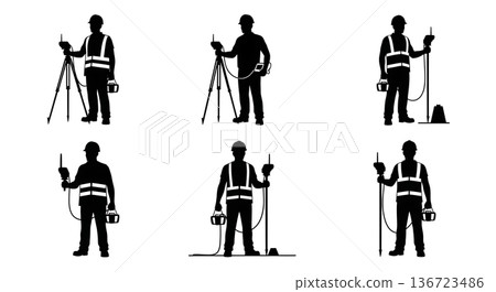 Black Solid Surveyor Pipe Transmitter Silhouettes Set of Six on White Background Black Solid Surveyor Pipe Transmitter Silhouettes Set of Six on White Background 136723486