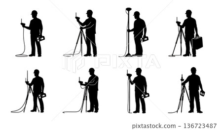 Black Solid Surveyor Pipe Transmitter Silhouettes Set of Six on White Background Black Solid Surveyor Pipe Transmitter Silhouettes Set of Six on White Background 136723487