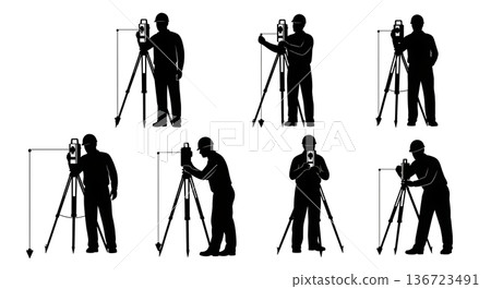 Black Solid Surveyor Plumb Bob Silhouettes Set of Six on White Background 136723491