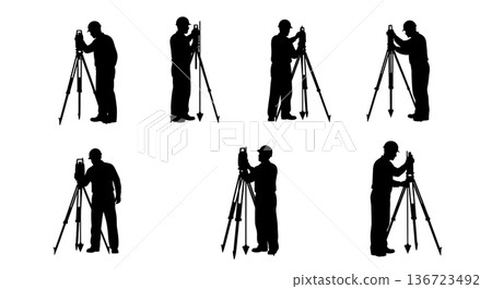 Black Solid Surveyor Plumb Bob Silhouettes Set of Six on White Background 136723492