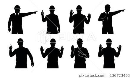 Black Solid Surveyor Pointing Directing Silhouettes Set of Six on White Background 136723493