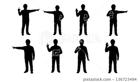 Black Solid Surveyor Pointing Directing Silhouettes Set of Six on White Background Black Solid Surveyor Pointing Directing Silhouettes Set of Six on White Background 136723494