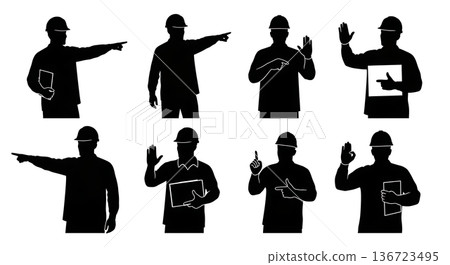 Black Solid Surveyor Pointing Directing Silhouettes Set of Six on White Background Black Solid Surveyor Pointing Directing Silhouettes Set of Six on White Background 136723495