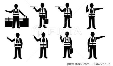 Black Solid Surveyor Pointing Directing Silhouettes Set of Six on White Background 136723496