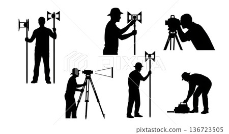 Black Solid Surveyor Prism Pole Silhouettes Set of Six on White Background 136723505