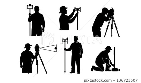 Black Solid Surveyor Prism Pole Silhouettes Set of Six on White Background 136723507