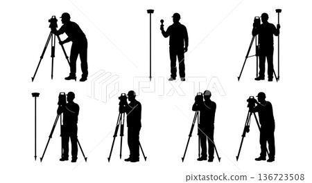 Black Solid Surveyor Prism Pole Silhouettes Set of Six on White Background 136723508