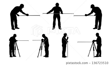 Black Solid Surveyor Pulling Tape Silhouettes Set of Six on White Background 136723510