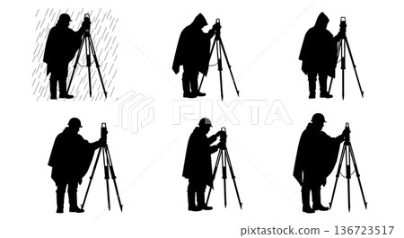 Black Solid Surveyor Rain Poncho Silhouettes Set of Six on White Background 136723517