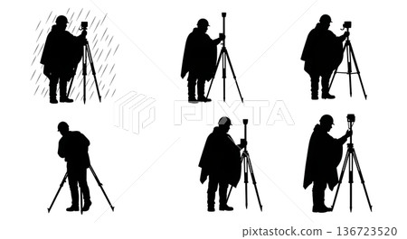 Black Solid Surveyor Rain Poncho Silhouettes Set of Six on White Background Black Solid Surveyor Rain Poncho Silhouettes Set of Six on White Background 136723520