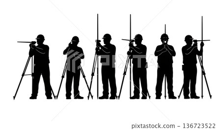 Black Solid Surveyor Ranging Rod Silhouettes Set of Six on White Background Black Solid Surveyor Ranging Rod Silhouettes Set of Six on White Background 136723522