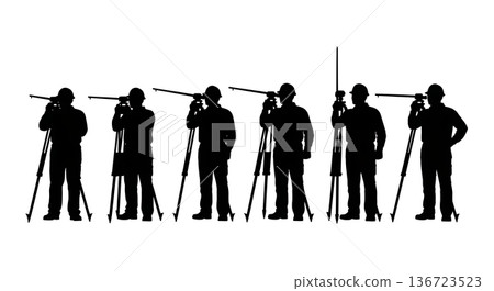 Black Solid Surveyor Ranging Rod Silhouettes Set of Six on White Background Black Solid Surveyor Ranging Rod Silhouettes Set of Six on White Background 136723523
