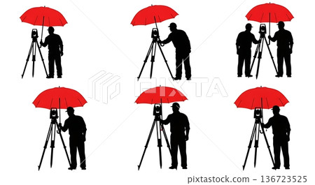 Black Solid Surveyor Red Umbrella Silhouettes Set of Six on White Background Black Solid Surveyor Red Umbrella Silhouettes Set of Six on White Background 136723525