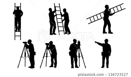 Black Solid Surveyor Carry Ladder Silhouettes Set of Six on White Background 136723527