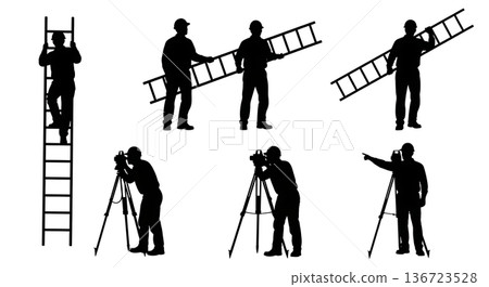 Black Solid Surveyor Carry Ladder Silhouettes Set of Six on White Background Black Solid Surveyor Carry Ladder Silhouettes Set of Six on White Background 136723528