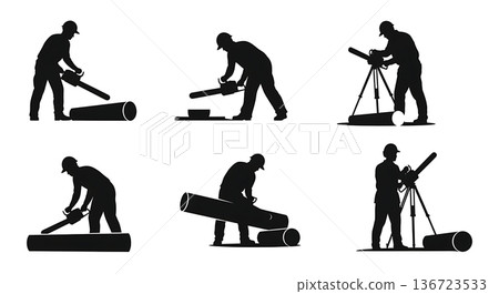 Black Solid Surveyor Chainsaw Clear Silhouettes Set of Six on White Background Black Solid Surveyor Chainsaw Clear Silhouettes Set of Six on White Background 136723533