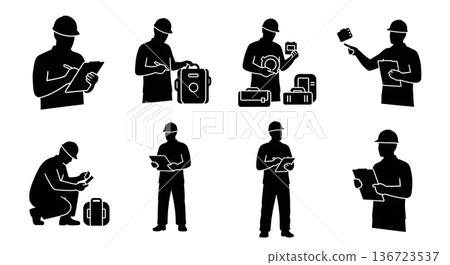 Black Solid Surveyor Check Inventory Silhouettes Set of Six on White Background 136723537