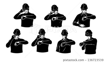 Black Solid Surveyor Check Time Silhouettes Set of Six on White Background 136723539