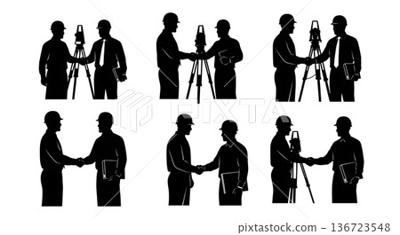 Black Solid Surveyor Client Handshake Silhouettes Set of Six on White Background 136723548