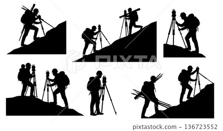 Black Solid Surveyor Climbing Slope Silhouettes Set of Six on White Background Black Solid Surveyor Climbing Slope Silhouettes Set of Six on White Background 136723552