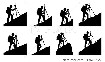 Black Solid Surveyor Climbing Slope Silhouettes Set of Six on White Background Black Solid Surveyor Climbing Slope Silhouettes Set of Six on White Background 136723553