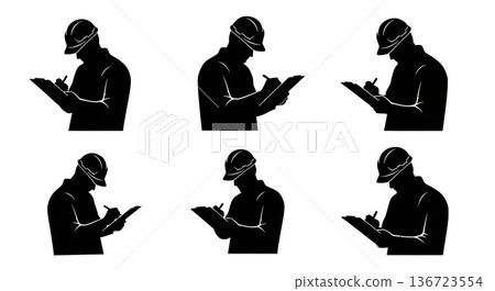 Black Solid Surveyor Clipboard Writing Silhouettes Set of Six on White Background Black Solid Surveyor Clipboard Writing Silhouettes Set of Six on White Background 136723554