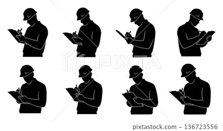 Black Solid Surveyor Clipboard Writing Silhouettes Set of Six on White Background 136723556