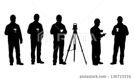 Black Solid Surveyor Coffee Cup Silhouettes Set of Six on White Background Black Solid Surveyor Coffee Cup Silhouettes Set of Six on White Background 136723558