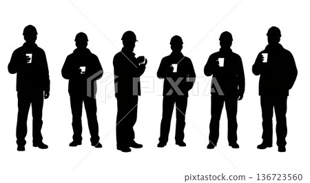 Black Solid Surveyor Coffee Cup Silhouettes Set of Six on White Background 136723560