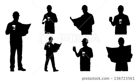 Black Solid Surveyor Coffee Cup Silhouettes Set of Six on White Background Black Solid Surveyor Coffee Cup Silhouettes Set of Six on White Background 136723561