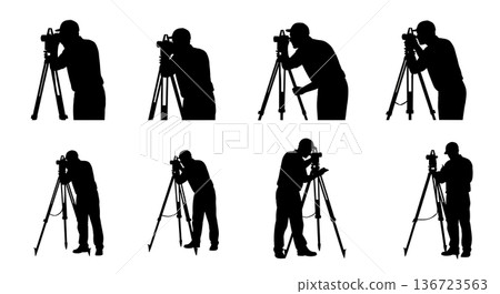 Black Solid Surveyor Compass Direction Silhouettes Set of Six on White Background 136723563