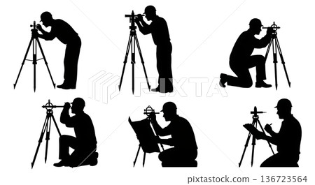 Black Solid Surveyor Compass Direction Silhouettes Set of Six on White Background 136723564