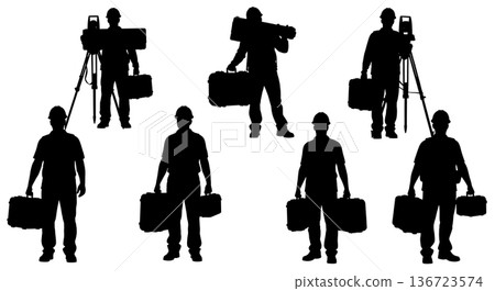 Black Solid Surveyor Equipment Case Silhouettes Set of Six on White Background 136723574