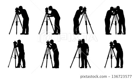 Black Solid Land Surveyor Silhouettes Set of Six on White Background 136723577