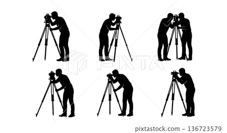 Black Solid Land Surveyor Silhouettes Set of Six on White Background Black Solid Land Surveyor Silhouettes Set of Six on White Background 136723579