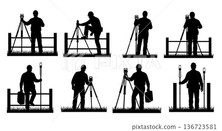 Black Solid Surveyor Fence Crossing Silhouettes Set of Six on White Background 136723581