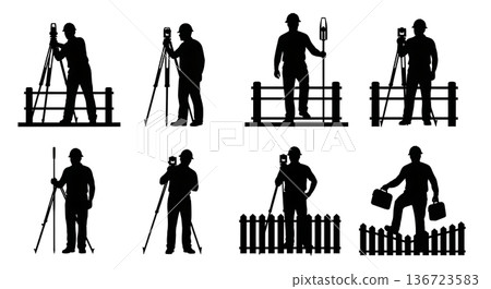 Black Solid Surveyor Fence Crossing Silhouettes Set of Six on White Background Black Solid Surveyor Fence Crossing Silhouettes Set of Six on White Background 136723583