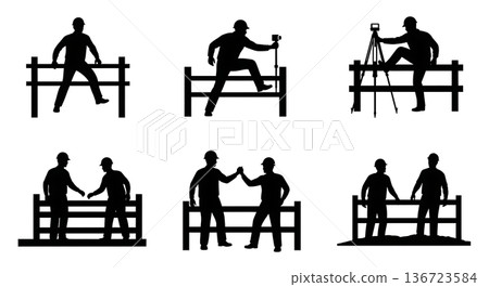 Black Solid Surveyor Fence Crossing Silhouettes Set of Six on White Background 136723584