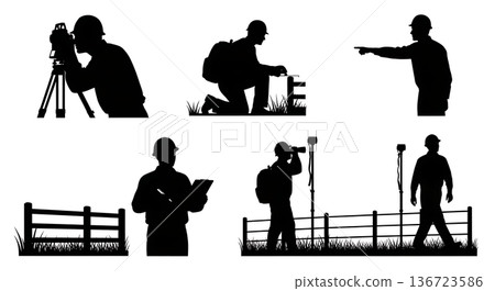 Black Solid Surveyor Fence Inspect Silhouettes Set of Six on White Background 136723586