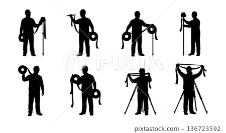 Black Solid Surveyor Flagging Tape Silhouettes Set of Six on White Background Black Solid Surveyor Flagging Tape Silhouettes Set of Six on White Background 136723592