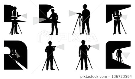 Black Solid Surveyor Flashlight Tunnel Silhouettes Set of Six on White Background Black Solid Surveyor Flashlight Tunnel Silhouettes Set of Six on White Background 136723594