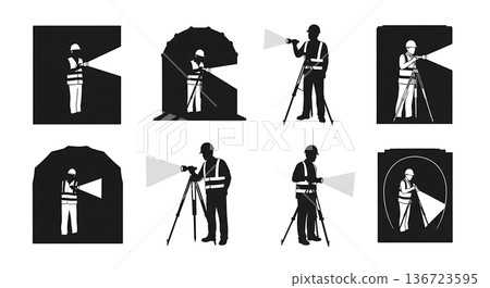 Black Solid Surveyor Flashlight Tunnel Silhouettes Set of Six on White Background Black Solid Surveyor Flashlight Tunnel Silhouettes Set of Six on White Background 136723595