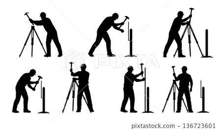 Black Solid Surveyor Hammering Stakes Silhouettes Set of Six on White Background 136723601