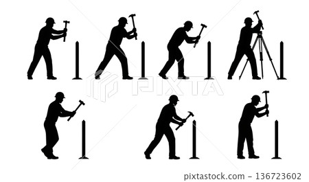 Black Solid Surveyor Hammering Stakes Silhouettes Set of Six on White Background Black Solid Surveyor Hammering Stakes Silhouettes Set of Six on White Background 136723602
