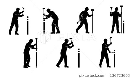 Black Solid Surveyor Hammering Stakes Silhouettes Set of Six on White Background Black Solid Surveyor Hammering Stakes Silhouettes Set of Six on White Background 136723603