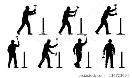Black Solid Surveyor Hammering Stakes Silhouettes Set of Six on White Background 136723604