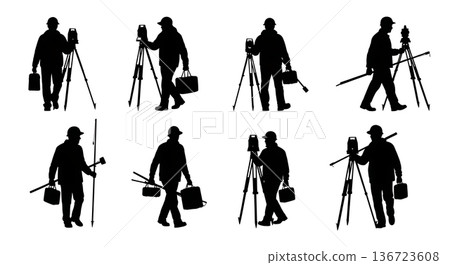Black Solid Surveyor Hands Full Silhouettes Set of Six on White Background Black Solid Surveyor Hands Full Silhouettes Set of Six on White Background 136723608