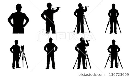 Black Solid Surveyor Hands On Hips Silhouettes Set of Six on White Background Black Solid Surveyor Hands On Hips Silhouettes Set of Six on White Background 136723609